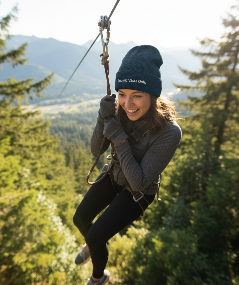 A woman wear a Navy Blue Cuffed Electric Vibes Only Beanie zip lining in the mountains. 